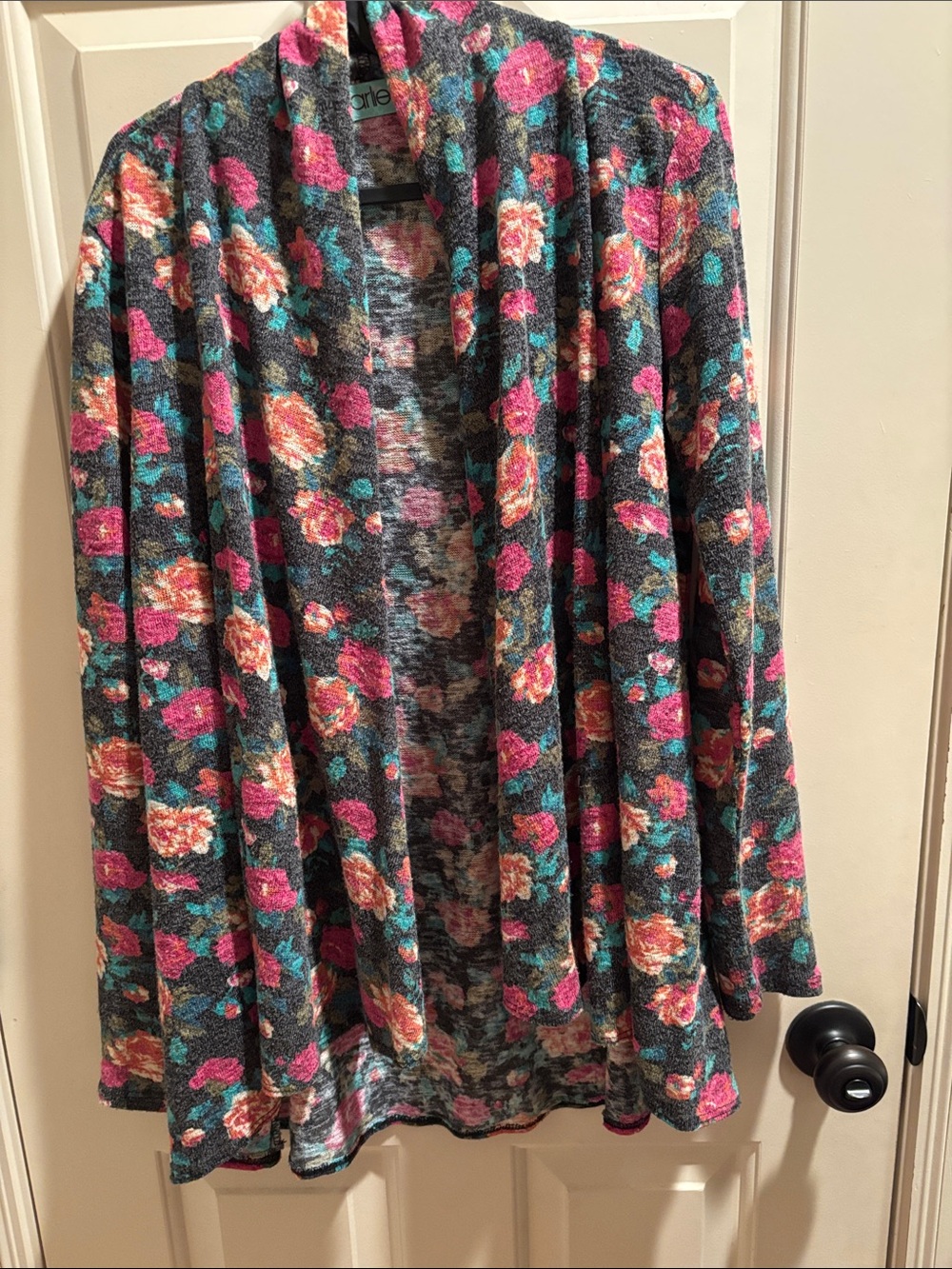 Karlie Floral Open-Front Cardigan - Dark Gray with Pink & Teal Flowers